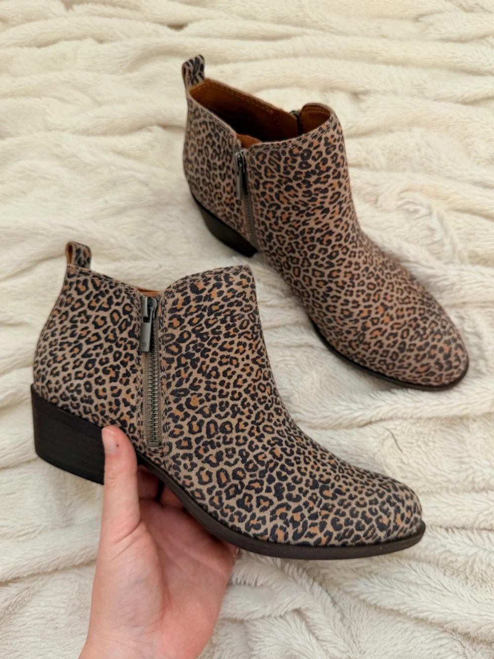 NIB Lucky Brand Basel leather cheetah ankle booties Sz 7.5 women’s